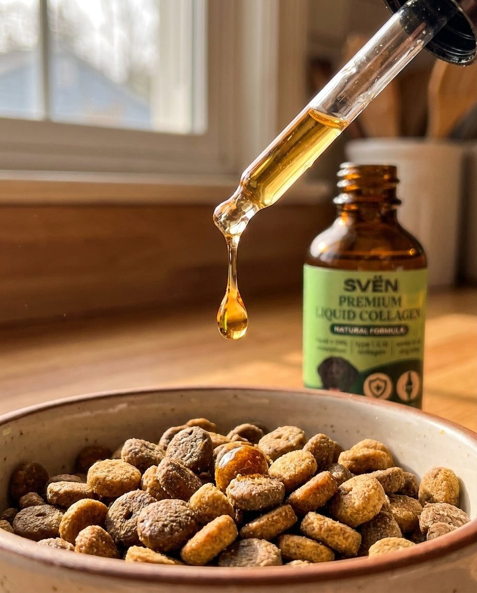 A drop of liquid collagen on dog food